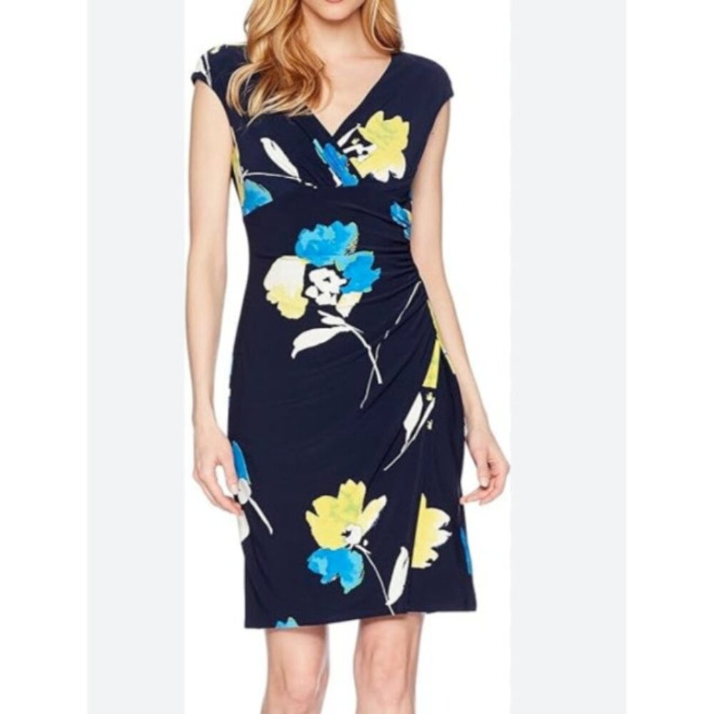 Ralph Lauren Dress 12 Blue Yellow Ivory Washable Stretch Sheath Career Church